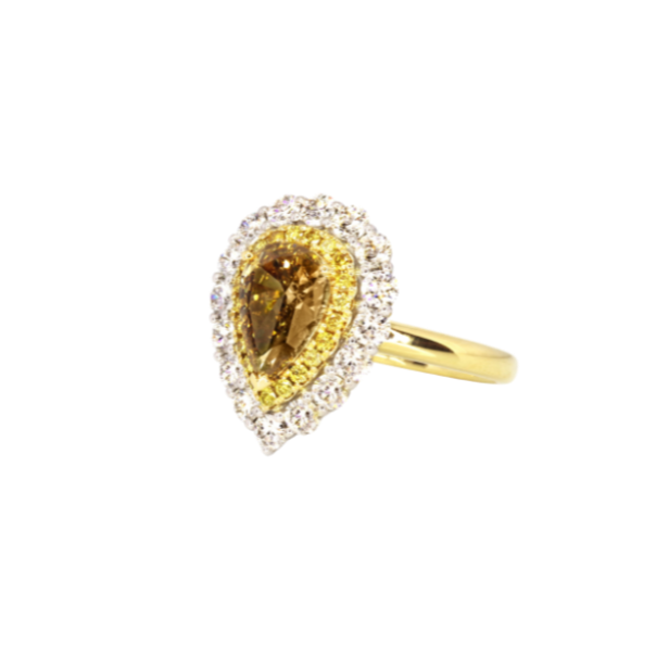 RING | Pear Yellow Diamond Ring with Diamond Halo