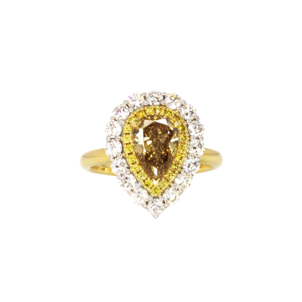 RING | Pear Yellow Diamond Ring with Diamond Halo