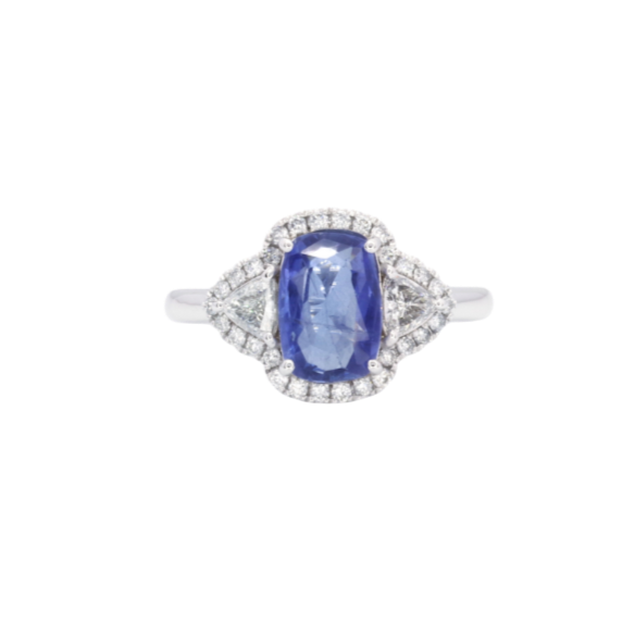 RING | 18K White Gold Blue Sapphire Halo with Side Trillion Stones - Baivina Jewellers