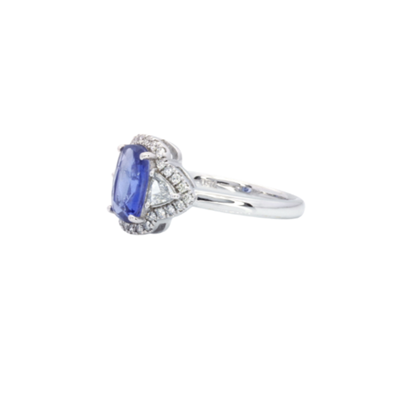 RING | 18K White Gold Blue Sapphire Halo with Side Trillion Stones - Baivina Jewellers