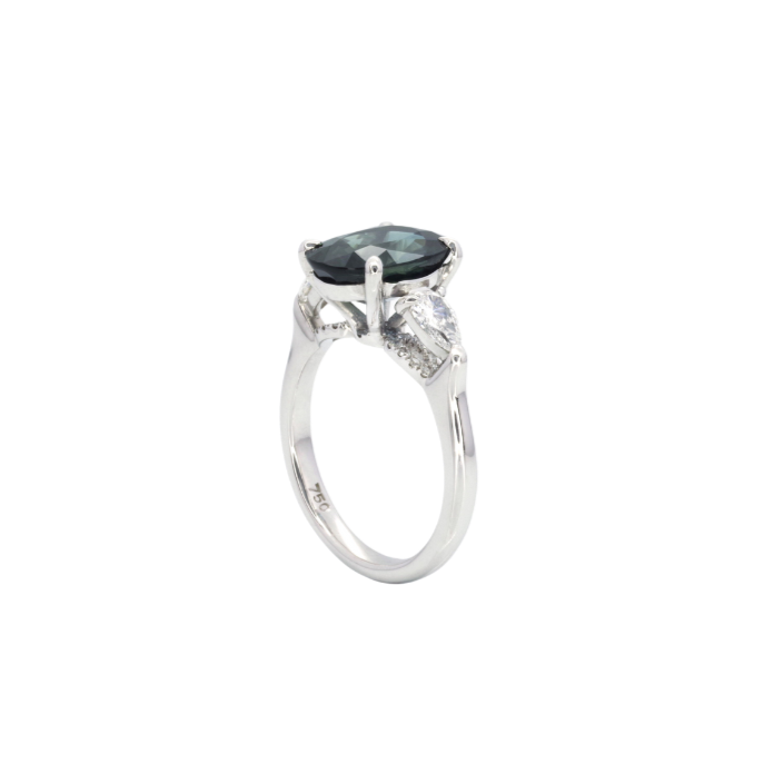 RING | 18K White Gold Green Sapphire with Pear Diamonds - Baivina Jewellers