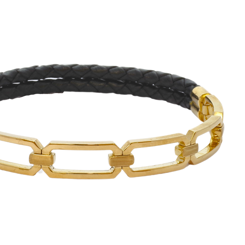 Chunky Chain Links & Leather Bracelet | 9K Yellow Gold
