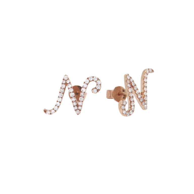 EARRINGS | 9K Rose Gold Initial 'N' Letter Stud Earrings with Diamonds - Baivina Jewellers