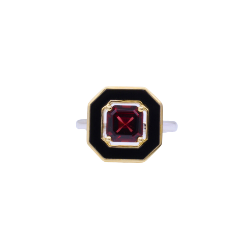 RING | 9K Two Tone Dress Ring with Black Onyx & Garnet