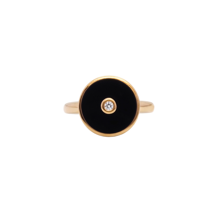 9K Rose Gold Onyx and Diamond Round Ring - Baivina Jewellers