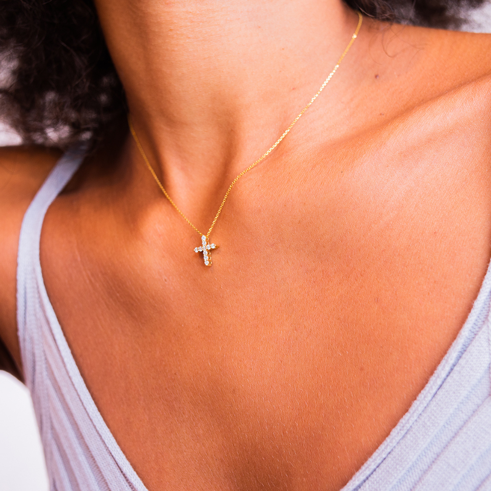18K Yellow Gold & Diamond Cross Necklace - Baivina Jewellers