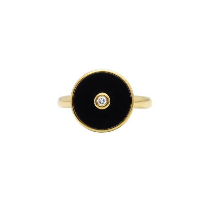 9K Yellow Gold Round Onyx and Diamond Ring