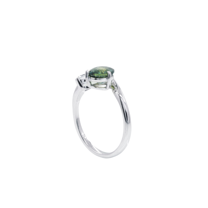 RING | 18K White Gold Green Sapphire Pear Diamond Ring