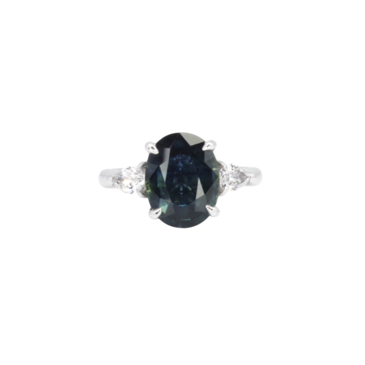 RING | 18K White Gold Green Sapphire with Pear Diamonds - Baivina Jewellers
