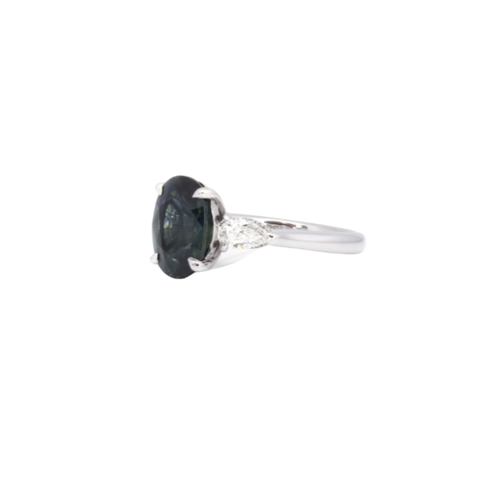 RING | 18K White Gold Green Sapphire with Pear Diamonds - Baivina Jewellers