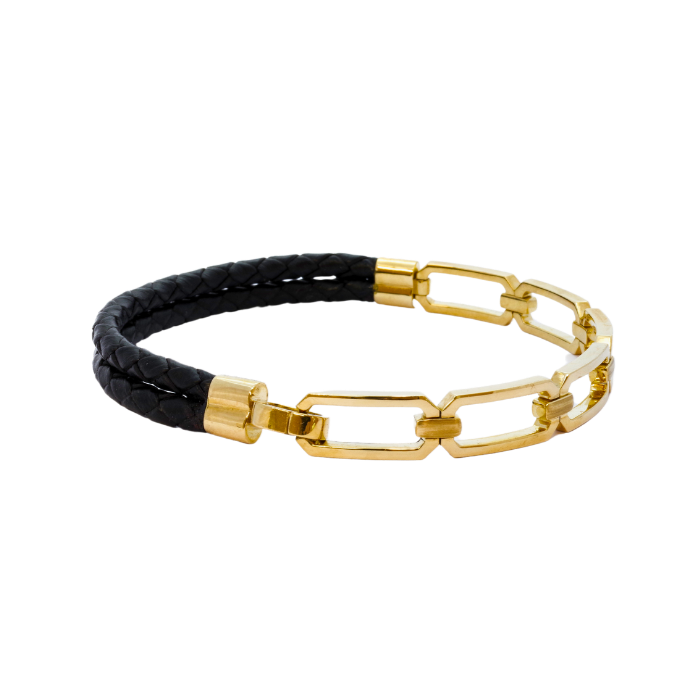 Chunky Chain Links & Leather Bracelet | 9K Yellow Gold
