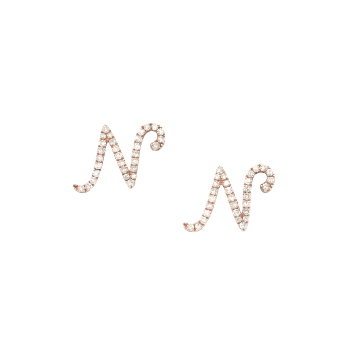 EARRINGS | 9K Rose Gold Initial 'N' Letter Stud Earrings with Diamonds - Baivina Jewellers
