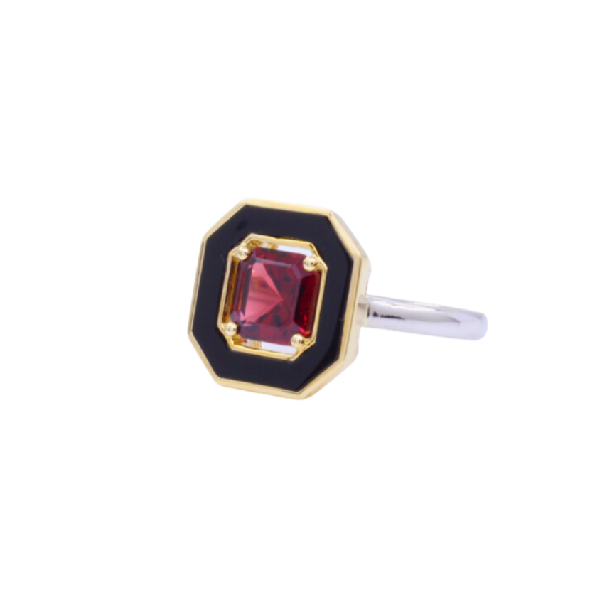 RING | 9K Two Tone Dress Ring with Black Onyx & Garnet